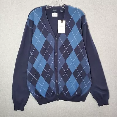 Van Heusen Men Sweater Large Blue Argyle Cardigan Long Sleeve V Neck NWT • $19.89