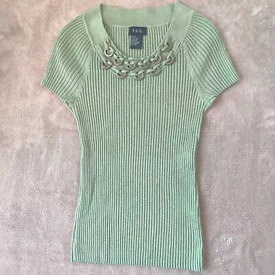 Woman's Short Sleeve Scoop Neck Green Ribbed Fabric Stretch Small • $10.25