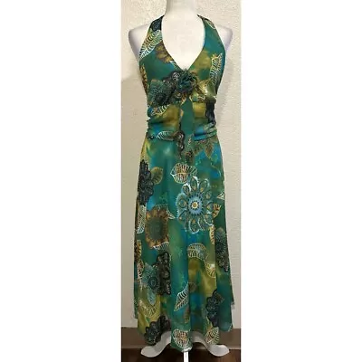 Believe Vintage Y2k Halter Green Midi Floral Dress Womens 14 • $21.95