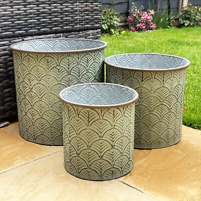 Green Embossed Drum Planters Set Of 3 Patterned Galvanised Zinc Metal Large Pots • £47