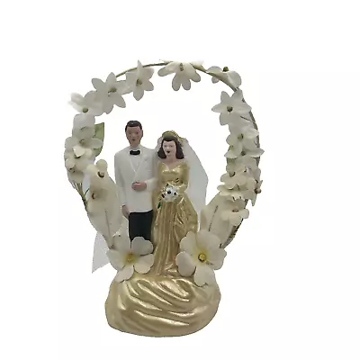 Vintage Chalk Ware Wedding Cake Topper Bride Groom Flower Arch 1950s USA • $51.20