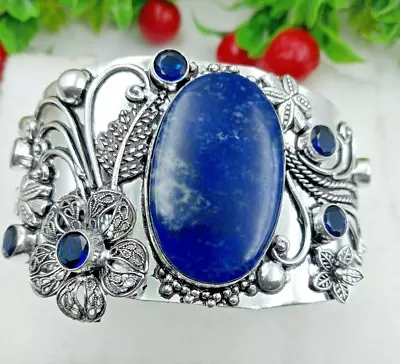 925 Sterling Silver Lapis Lazuli & Topaz Gemstone Handmade Jewelry Cuff Bracelet • $17.50