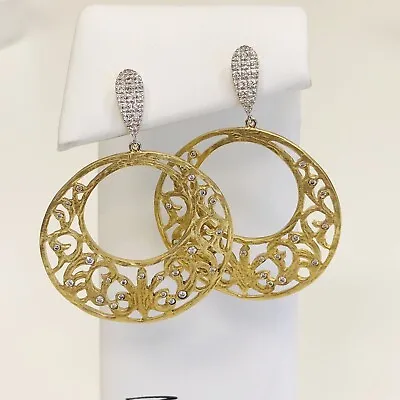 Meira T Open Circle Filigree Textured 14k Gold Diamond Dangle Stud Earrings • $850