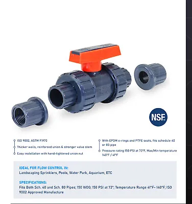 True Gray Union PVC Ball Valve Socket Slip Solvent/Thread Schedule 40/80 Pipe • $109.99