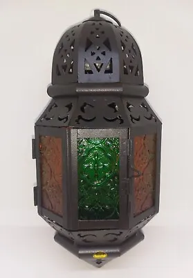 Hanging Moroccan Style Votive Candle Lantern - Colored Glass 11  High Brand New • $25