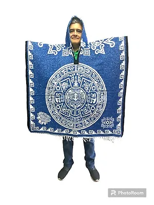 Mexican Poncho With Hood  Calendario Azteca  Aztec  One Size  Royal Blue • $45