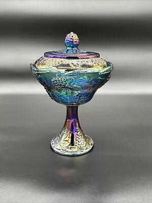 Vintage Blue Carnival Glass Compote W/ Lid Harvest Grape Pedestal Indiana Glass • $20.99