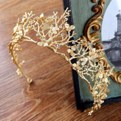 £25.24 • Buy Golden Baroque Crown Crystal Pearl Wedding Elf Gold Leaf Flower Headdress Tiara