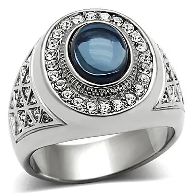Men's Oval Blue Cabochon Simualted Sapphire Stainless Steel Cz Ring • $15.91
