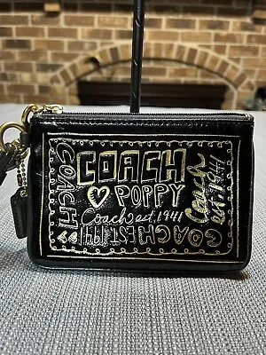 Coach Poppy Black Patent Gold Zip Wristlet Mini Clutch Excellent Condition • $19.99