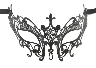 Black Laser Cut Venetian Masquerade Metal Filigree Mask Rhinestones Fleur De Lis • $14.99