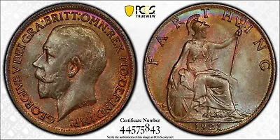 1921 Great Britain 1/4D Farthing PCGS MS65 BN Spectacular Toning Pop 2/0    1910 • $115