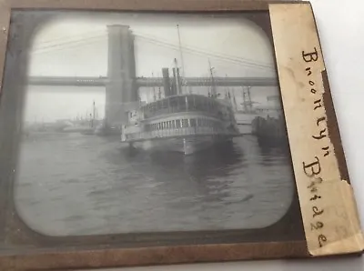 2 Antique Glass Magic Lantern Slide's Brooklyn Bridge Boats Tall Mast  NEW YORK • $257