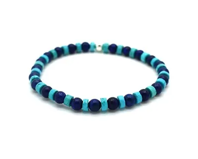 Mens Bead Bracelet Turquoise And Lapis Lazuli 925 Sterling Silver Gift Handmade • £28.60