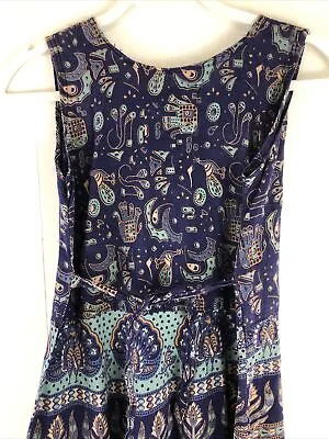 Vtg Indian 70's Small Med Cotton Blue BOHO Hippie Tieback Maxi Dress Sleeveless • $45.95