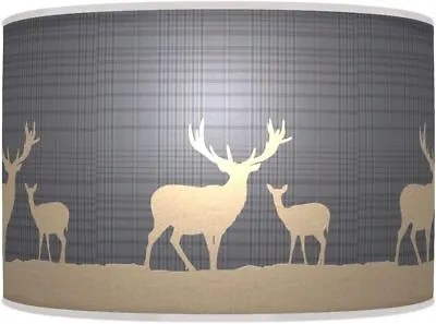 Trees Stag Deer Tartan Grey Beige Retro Handmade Printed Fabric Lamp Light Shade • £54.99