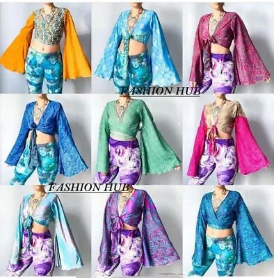 10Pc Indian Vintage Silk Sari Women Bell Sleeve Crop Top Retro 60s 70s Clothing • $183.84