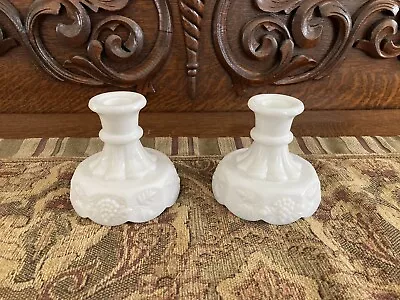 Vintage Pair Westmoreland Milk Glass Candle Holder Paneled Grape Excellent • $15