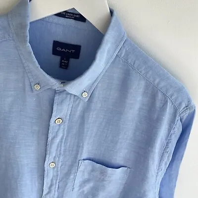 GANT Shirt Size L Large Men's Blue Linen Casual Regular Fit Short Sleeve • £29.95