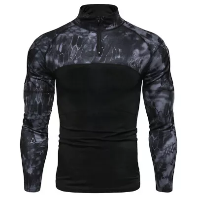 UK Long Sleeve Mens Army Tactical T-Shirt Combat Military Camo Casual Zip Shirts • £9.99