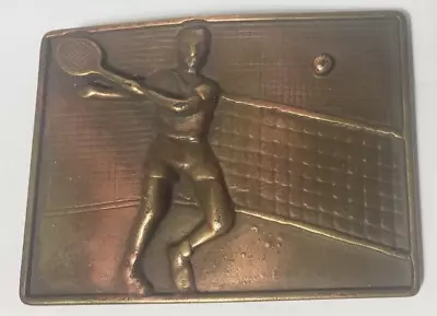 Vintage Tennis Player Returning Serve At Net Brass Belt Buckle 3.5  X 2.5  • $29.99