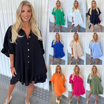 £14.99 • Buy Womens Ladies Gold Button Pleated Frill Summer Shirt Swing Smock Mini Dress Top