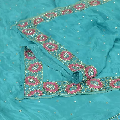 Sanskriti Vintage Dupatta Long Stole 100% Pure Silk Blue Hand Beaded Wrap Veil • $11.50
