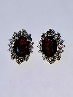 Vintage Garnet Marcasite CZ Clip On Earrings Sterling Silver 925 • £49