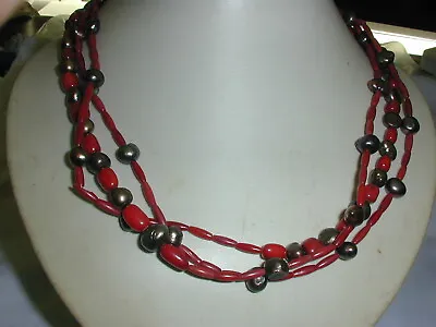 Jay King DTR Red Coral Black FW Pearl 3 Strand 925 Sterling Silver Necklace! • $59