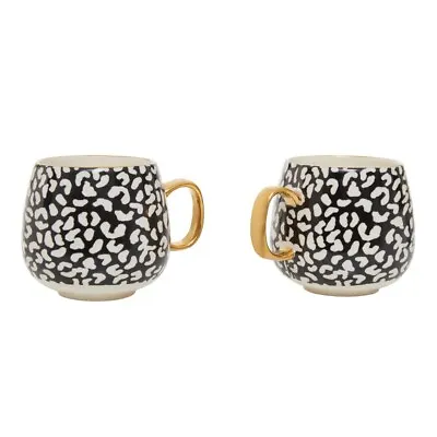 LONDON LEO SET OF TWO MUGS 350ml BLACK AND WHITE FINISH STONEWARE CONTEMPORARY L • £17.20