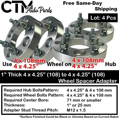 4x 1  Thick 4x4.25  (4x108mm) Wheel Spacer Adapter 12x1.5 Stud Fit Ford Mercury • $64.39