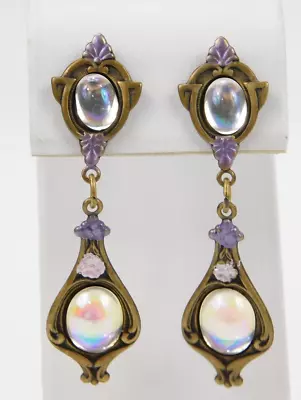 VTG Iridescent Opal Glass Brass Drop Pierced Earrings Art Nouveau Style • $24.99