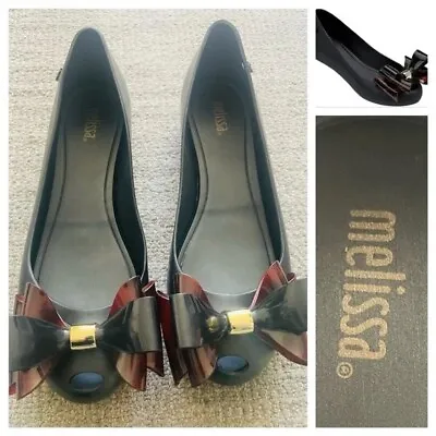 Melissa Ultragirl Sweet X Jelly Ballet Flats Black Tortoiseshell Bow Women’s 9 • $40