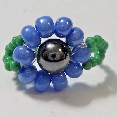 Vintage Red Green & Silver Beads Flower Ring - Size 2 1/2 • $10