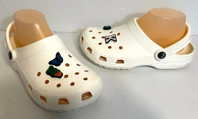 Crocs Classic Clogs White Slip On Slingback Shoes W/JIBBITZ Womens 6 Mens 4 • $6.50