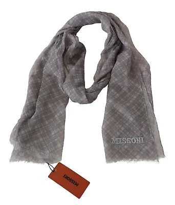 MISSONI Scarf Gray Plaid Wool Unisex Neck Wrap Fringes Logo 180cm X 36cm $340 • $89.50