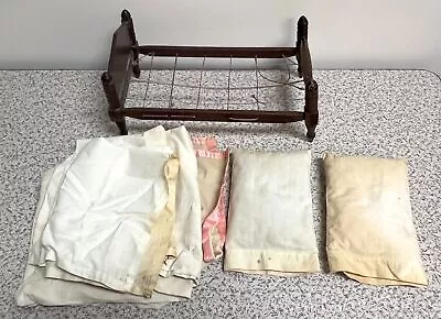 Antique Wooden Doll Bed With Original Linens - Vintage Collectible Toy Furniture • $9.99