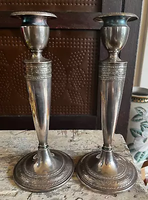 TWO ANTIQUE Vintage Pair Nickle Silver MORAN Plated Candlestick Holders EPNS 11  • $29.99