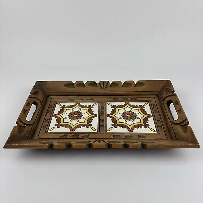 Vintage Mexican Carved Wooden And Ceramic Tile Serving Tray ~ 14  X 9  X 1.75  • $24.26