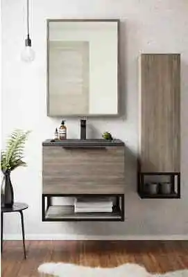 £229.94 • Buy Rustic Bathroom LED Cabinet Vanity Unit White Black Frame Oak Basin Shelf