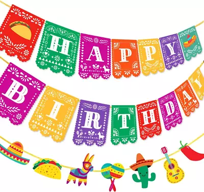 Fiesta Happy Birthday Banner Mexican Papel Picado Garland For Cinco De Mayo Taco • $20.49