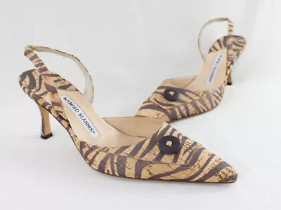 Manolo Blahnik Brown Multi Animal Print Cork Slingback Heel Shoe Size 38 8 • $129