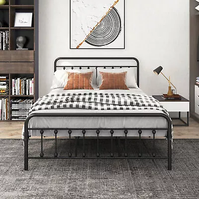 Metal Bed Frame Queen Size No Box Spring Needed Vintage Headboard & Footboard • $181.55