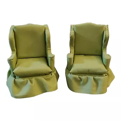 2 Vintage 1:12 Wing Back Chairs Upholstered Dollhouse Miniature Furniture Green  • $29.99