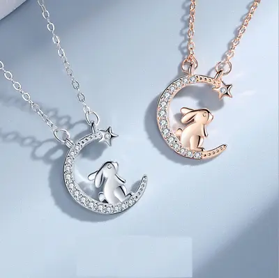 925 Sterling Silver CZ Crescent Moon Star Rabbit Bunny Pendant Necklace Box K100 • $16.95