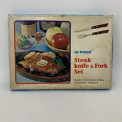 Vintage Japan Super Stainless Steel Rosewood Handle Steak Knife & Fork Set 12 Pc • $36.99