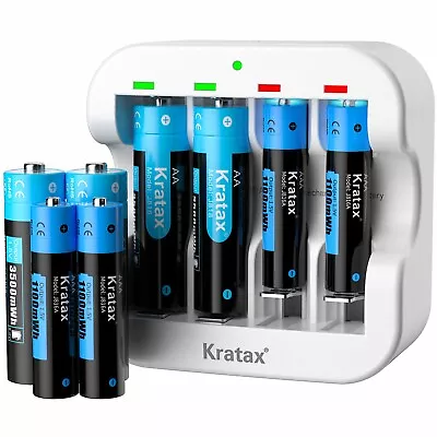 Kratax 1.5V Rechargeable Lithium AA AAA Batteries Li-Ion AA AAA Battery Charger • £22.77