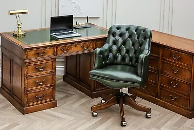 Antique Oak Twin Pedestal Leather Top Desk Captains Chair & Filing Cabinet • £770