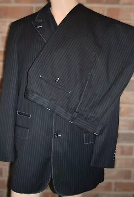 Mecca Suit Mens 46L 38x33 Black Navy Blue Striped 3 Piece 3 Button 2 Vented EUC • $84.95