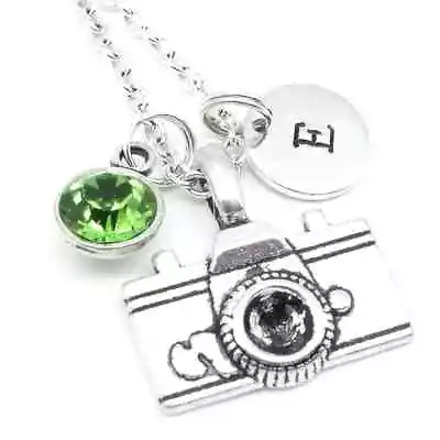 Camera Necklace Gift Personalised Initial Birthstone • £9.48